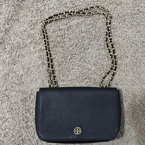 Tory Burch Black Leather Crossbody with Gold Chain Strap